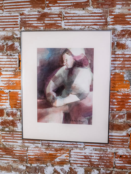 Vintage 1980s Framed “Seated Woman” Expressionist Watercolor Painting | Signed