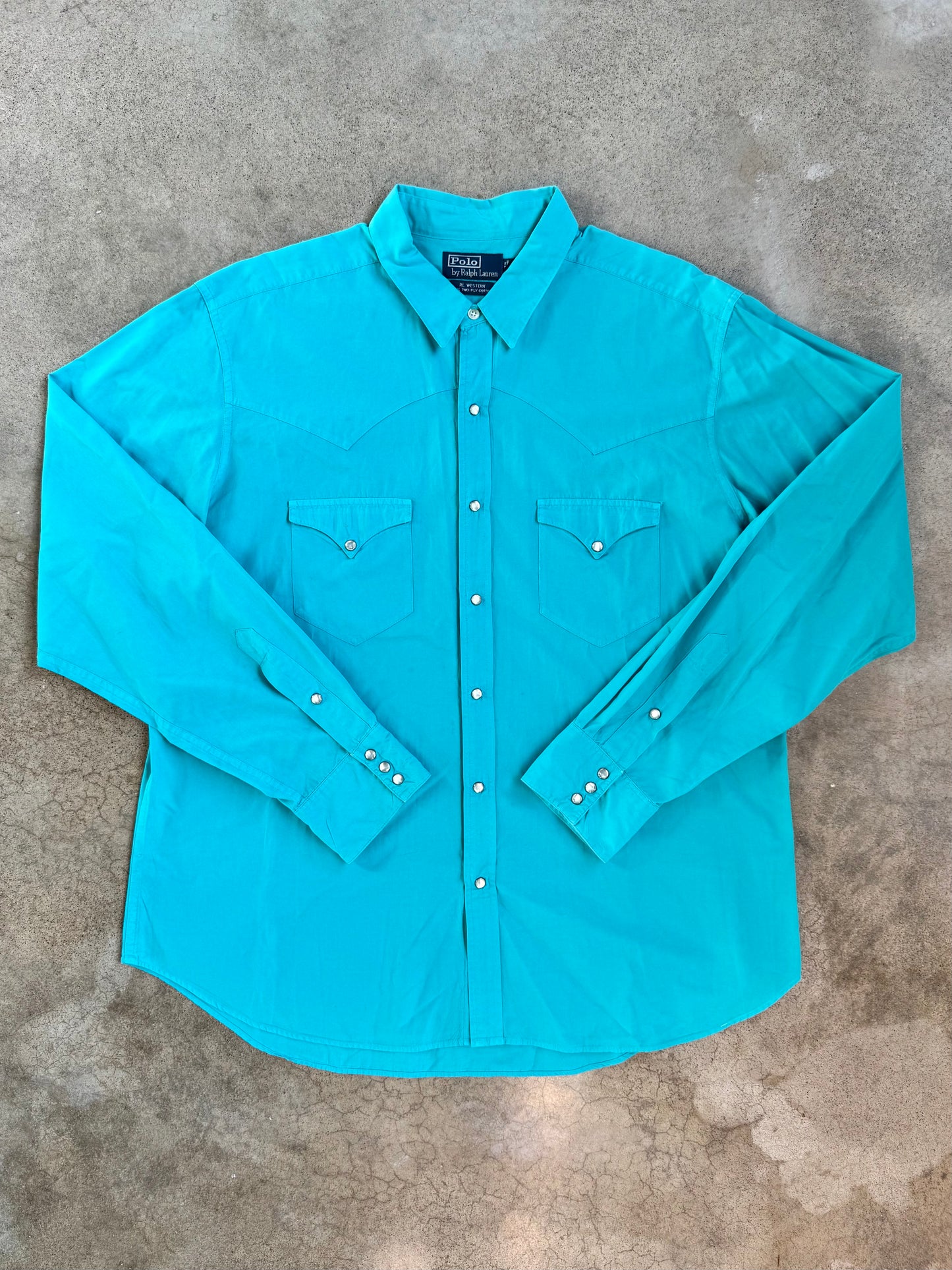 Vintage 1990s Polo Ralph Lauren RL Western Aqua Blue Pearl Snap Shirt | XL