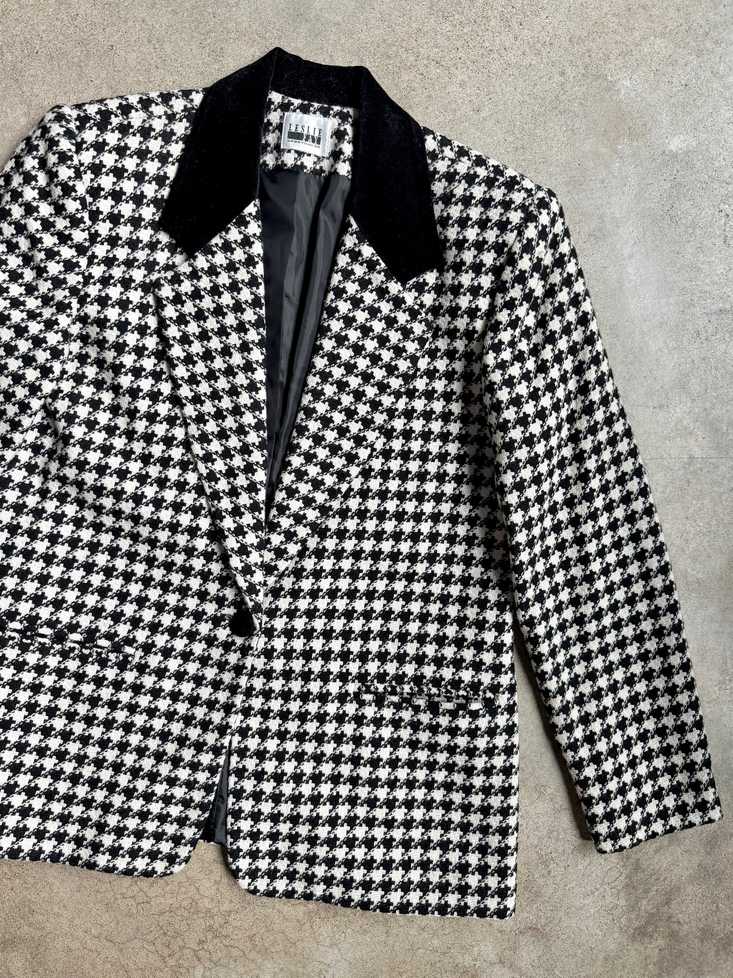 Vintage 1990s Leslie Fay Black Velvet Trim Houndstooth Wool Blazer | M/L