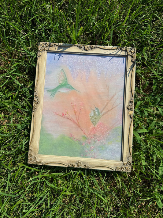 Vintage 1950s Framed Hummingbird + Nest Drawing Artwork