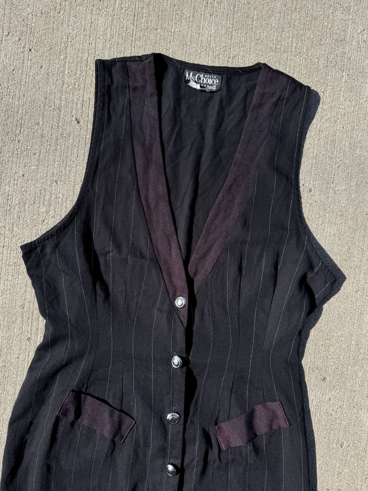Vintage 1980s Ms. Choice Black Pinstripe Sleeveless Suit Dress | Medium
