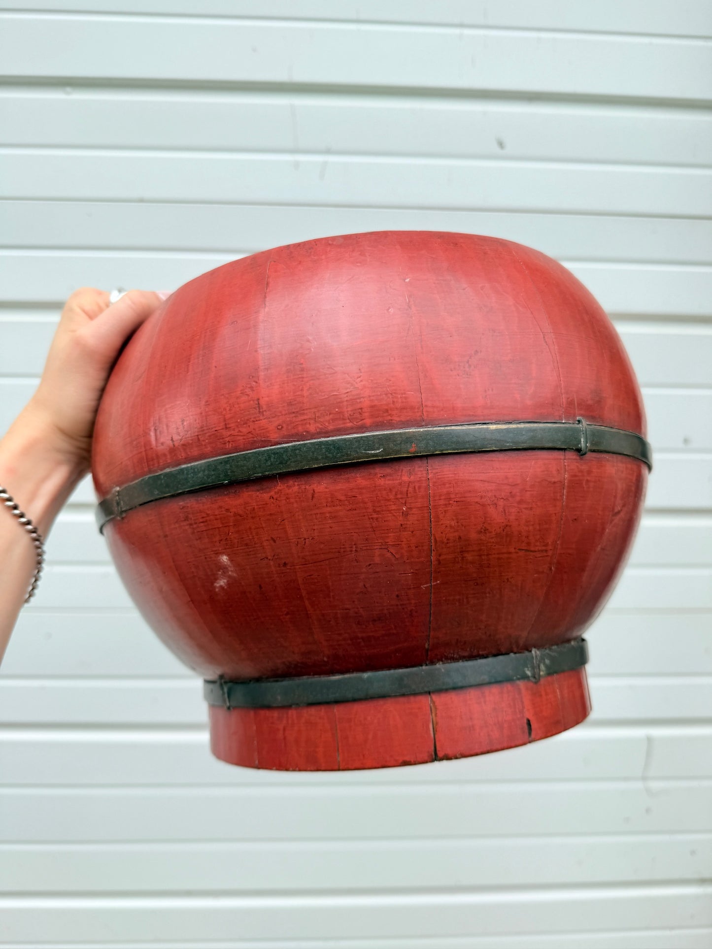 Antique Chinese Red Laquered Wood Rice Box