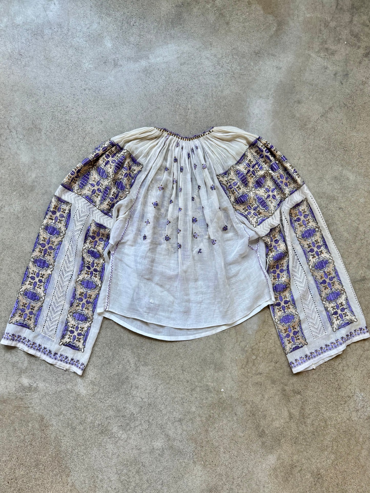 Vintage Romanian Folk Embroidered Gauze Peasant Blouse | Small