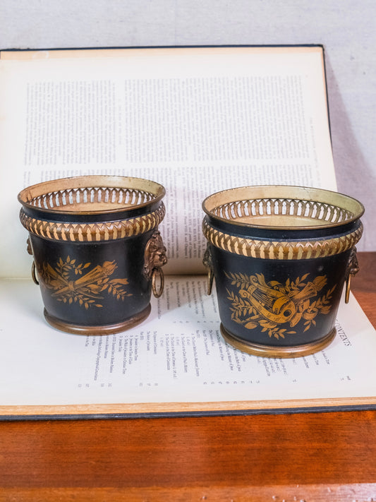 Vintage 1940s French Metal Toleware-Style Planter Cachepot | Set of 2