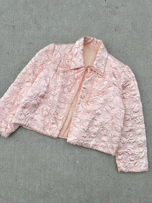 Vintage 1950s Pink Floral Quilted House Coat | Medium