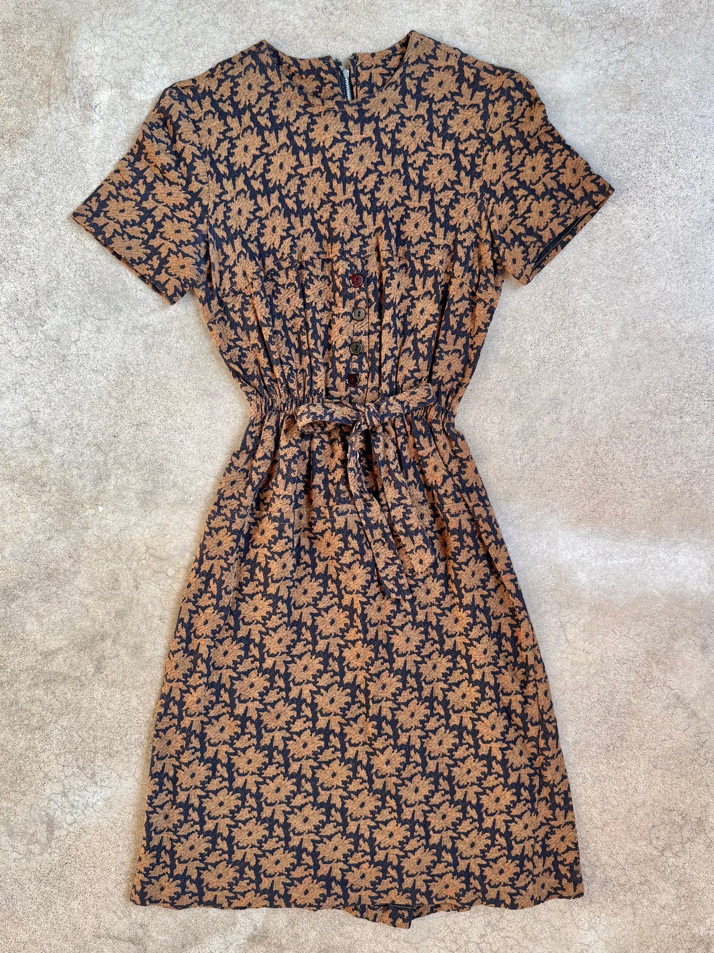Vintage 1940s Black & Brown Floral Pattern Short Sleeve Tie-Waist Dress | XS
