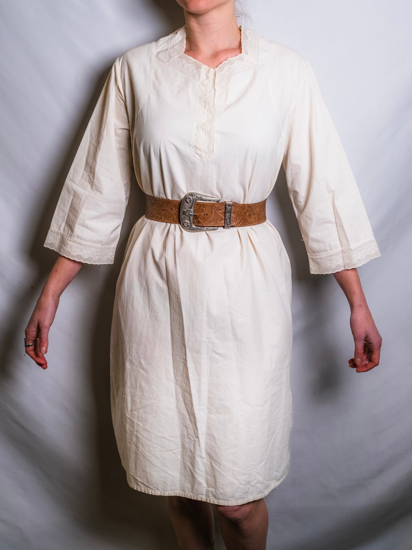 Antique Edwardian Lace Trim 100% Cotton Dress Gown | Medium