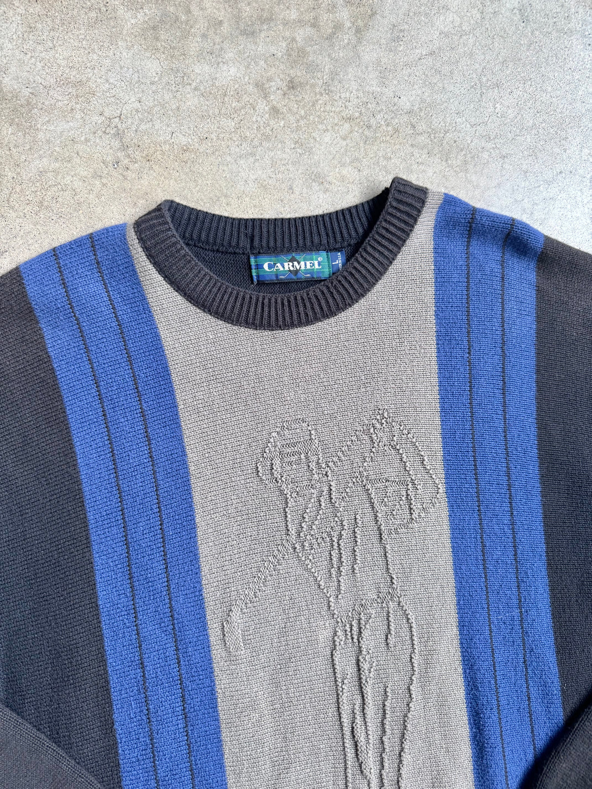 Vintage 1990s Carmel Striped Golfer Knit Crewneck Sweatshirt | Large