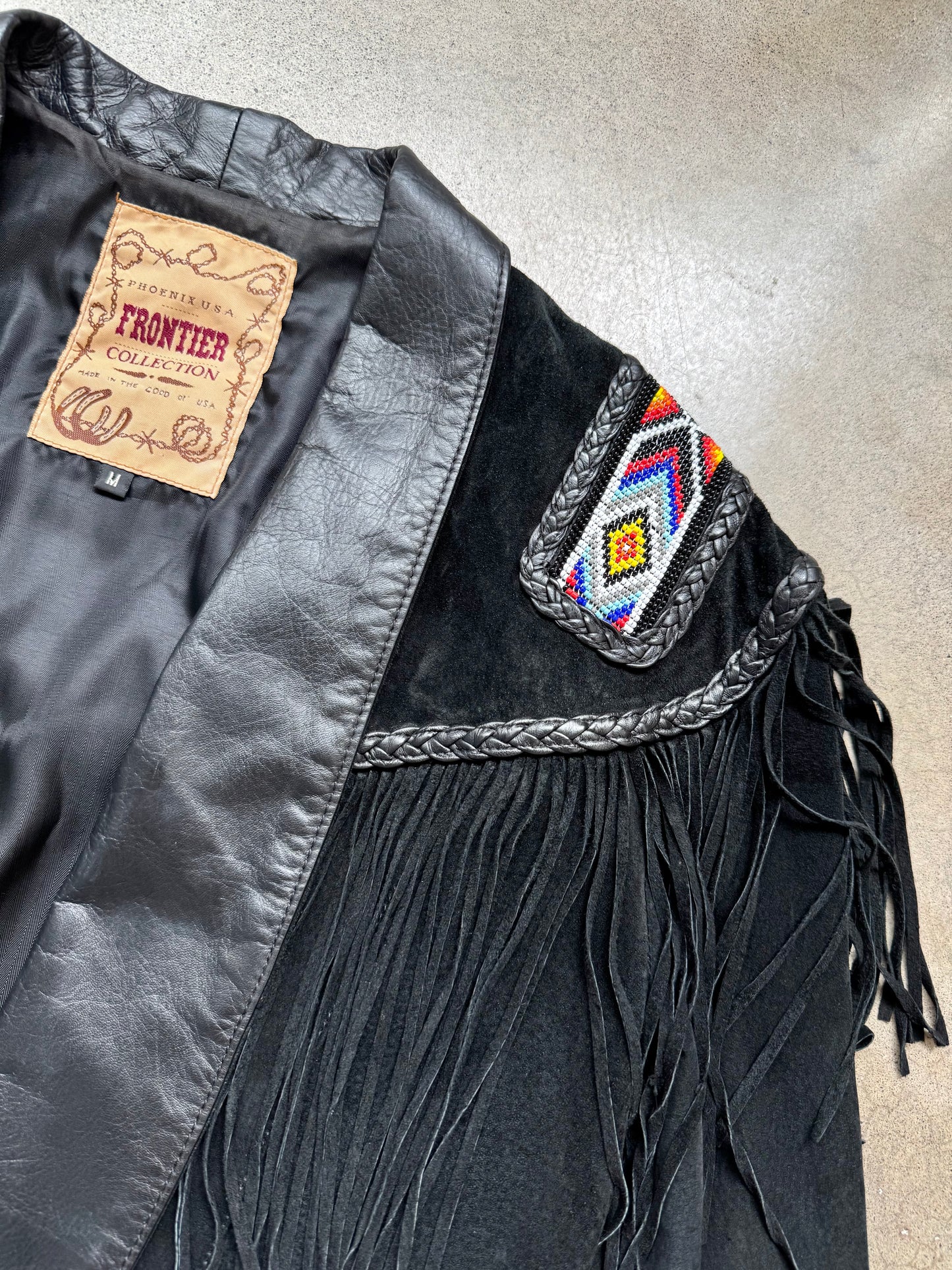 Vintage 1980s Frontier Collection Black Suede Leather Beaded Fringe Western Jacket | Medium