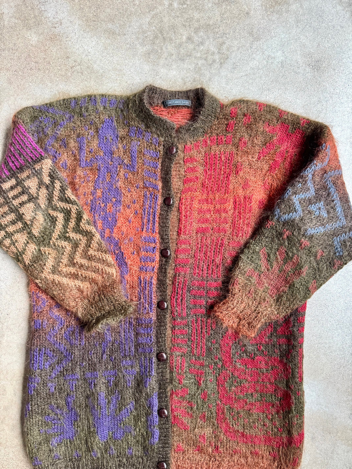 Vintage Constance Davis Geometric Multi-Pattern Mohair Cardigan | Large