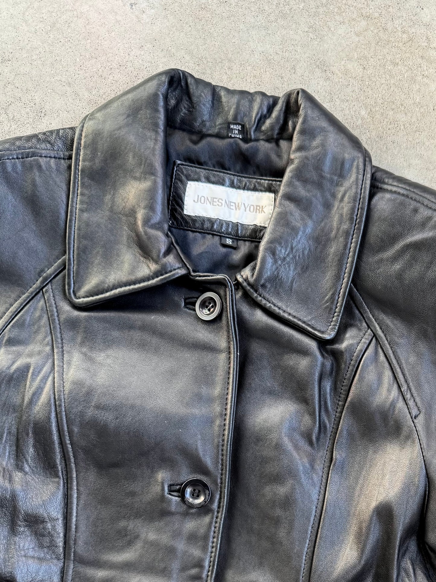 Vintage 1990s Jones New York Black Leather Button-Up Jacket | Small
