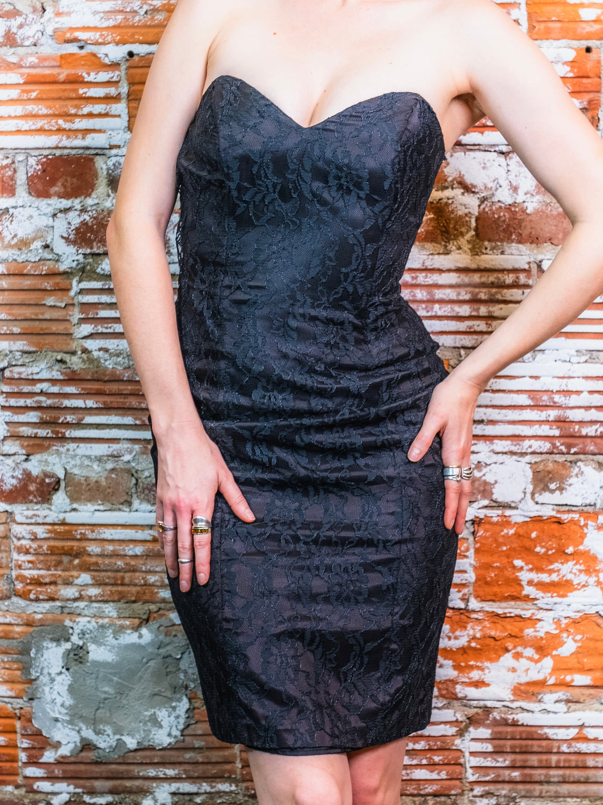 Vintage 1990s Roberta Black Lace Strapless Formal Dress | XS