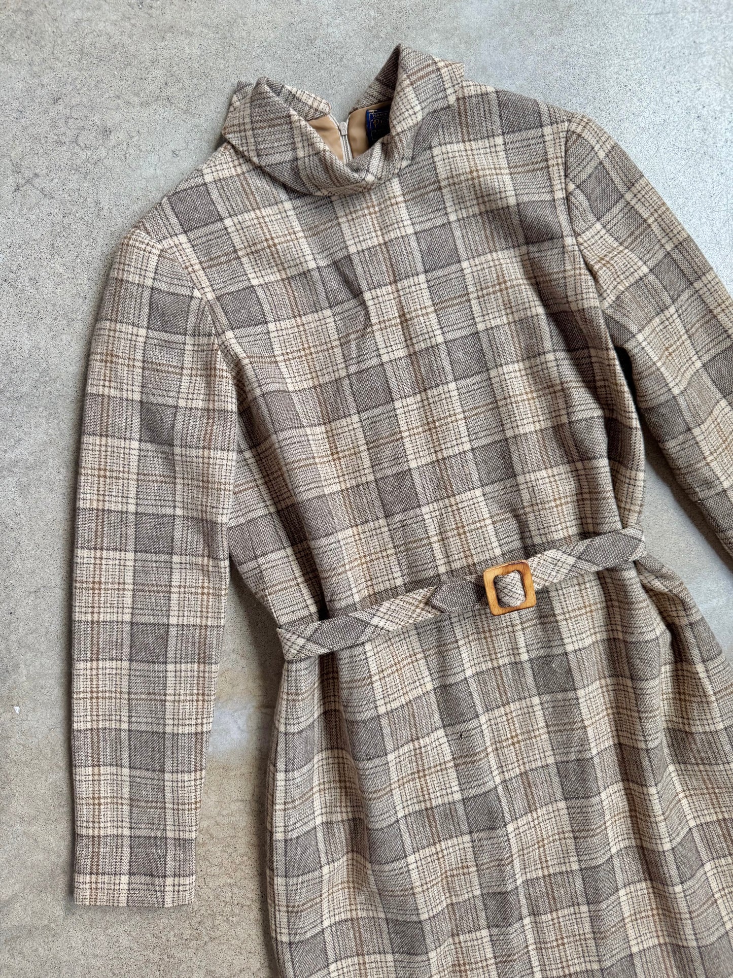Vintage 1960s Pendleton Brown-Tone Plaid Wool High-Neck Belted Dress | Small