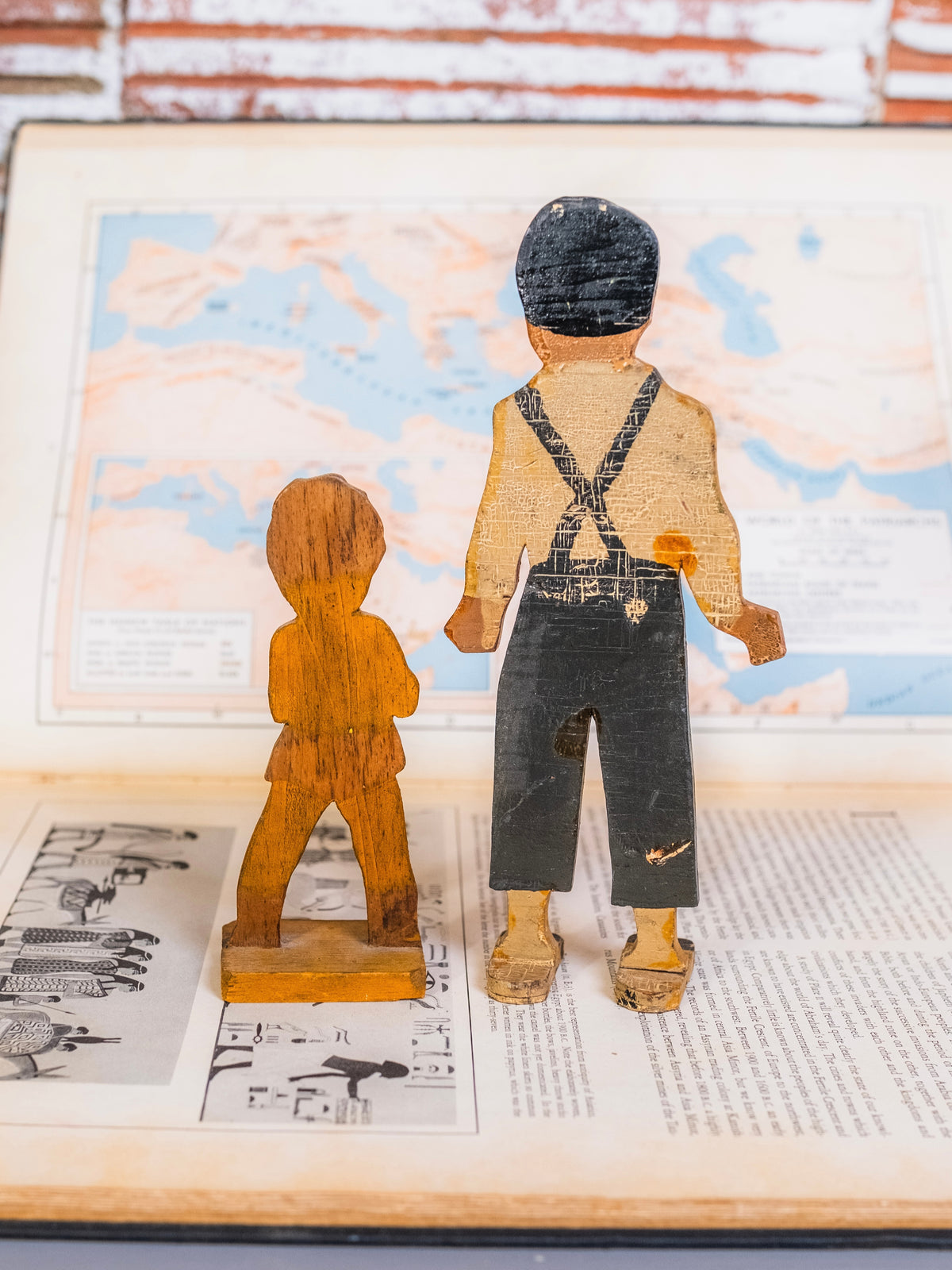 Antique Hand-Painted Wooden Folk Art “Dad & Daughter” Cut-Out Figures