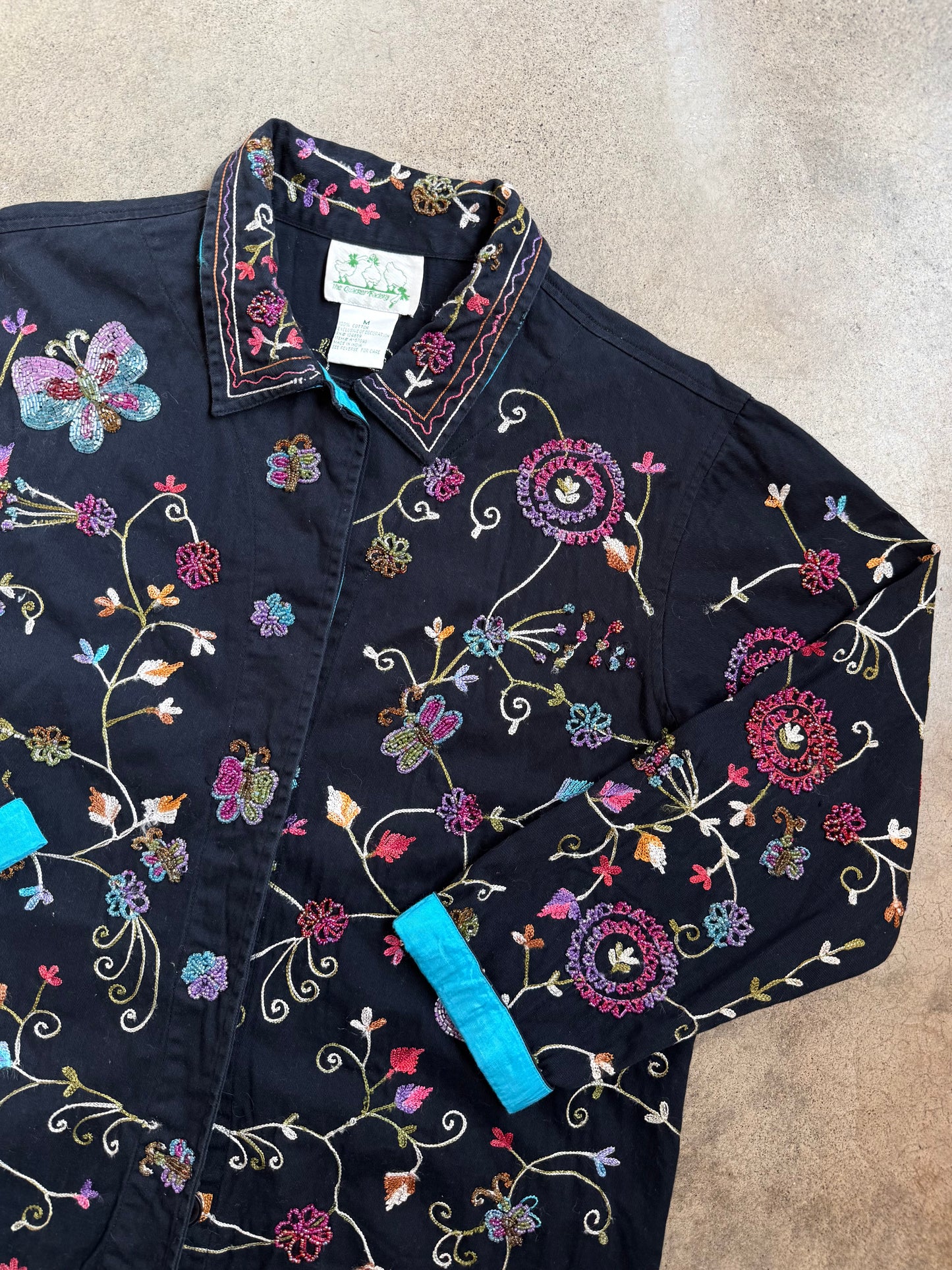 Vintage 1990s The Quacker Factory Beaded Butterfly Springtime Cotton Jacket | Medium