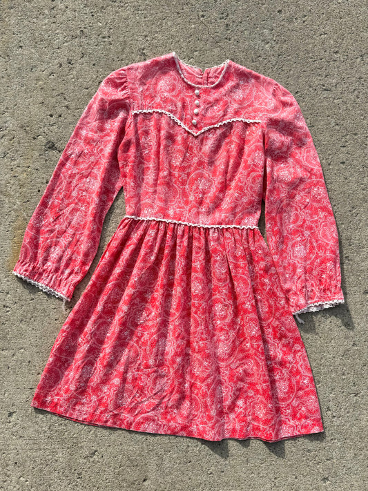 Vintage 1970s Red Paisley Long Sleeve Babydoll Dress | Small