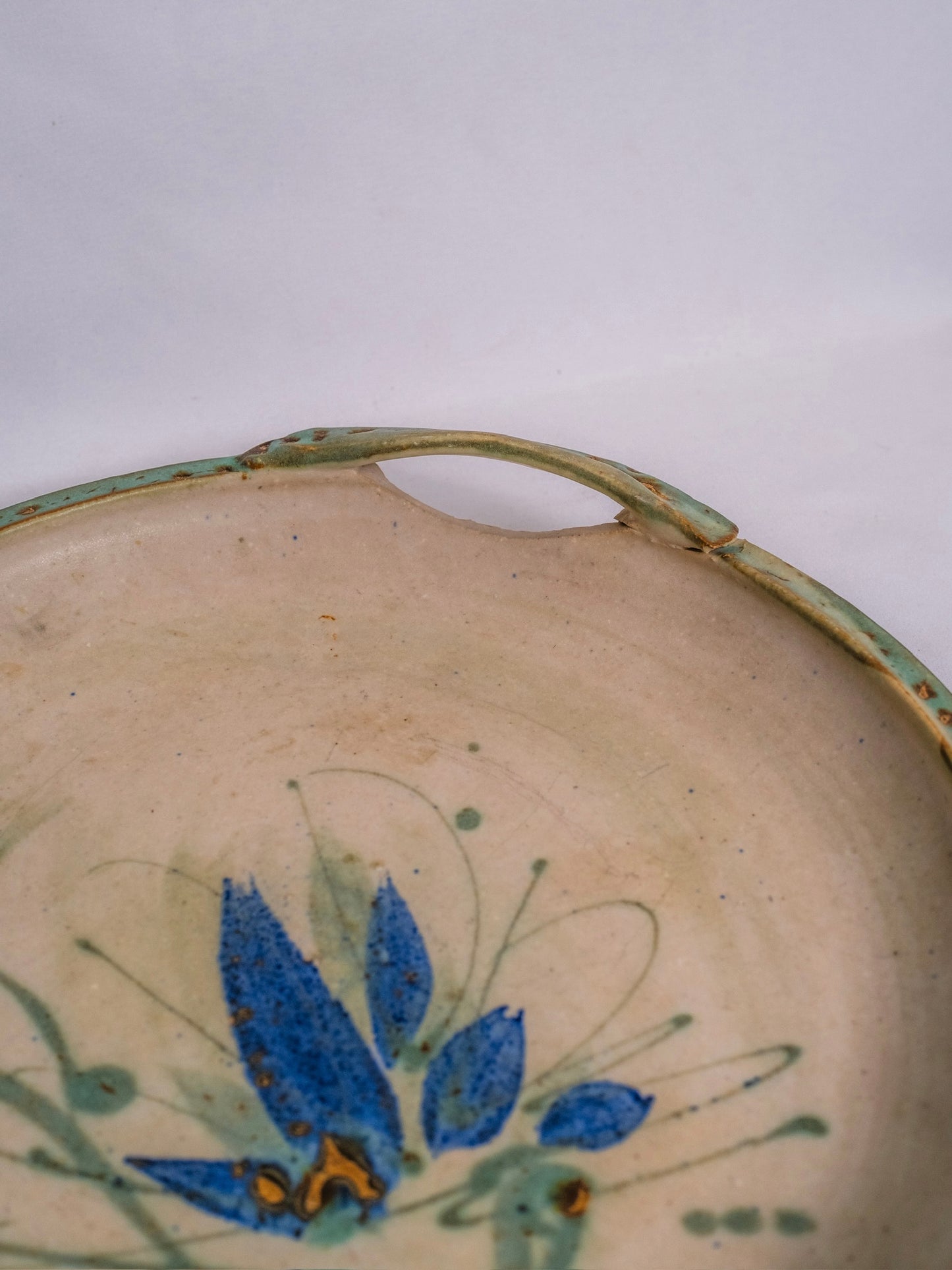 Vintage 1990s Handmade Signed Studio Pottery Lily Pattern Handled Dish