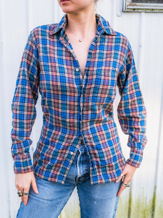 Vintage 1960s Saks Fifth Ave "Saks Flannel" Blue Plaid Cotton Flannel | Small