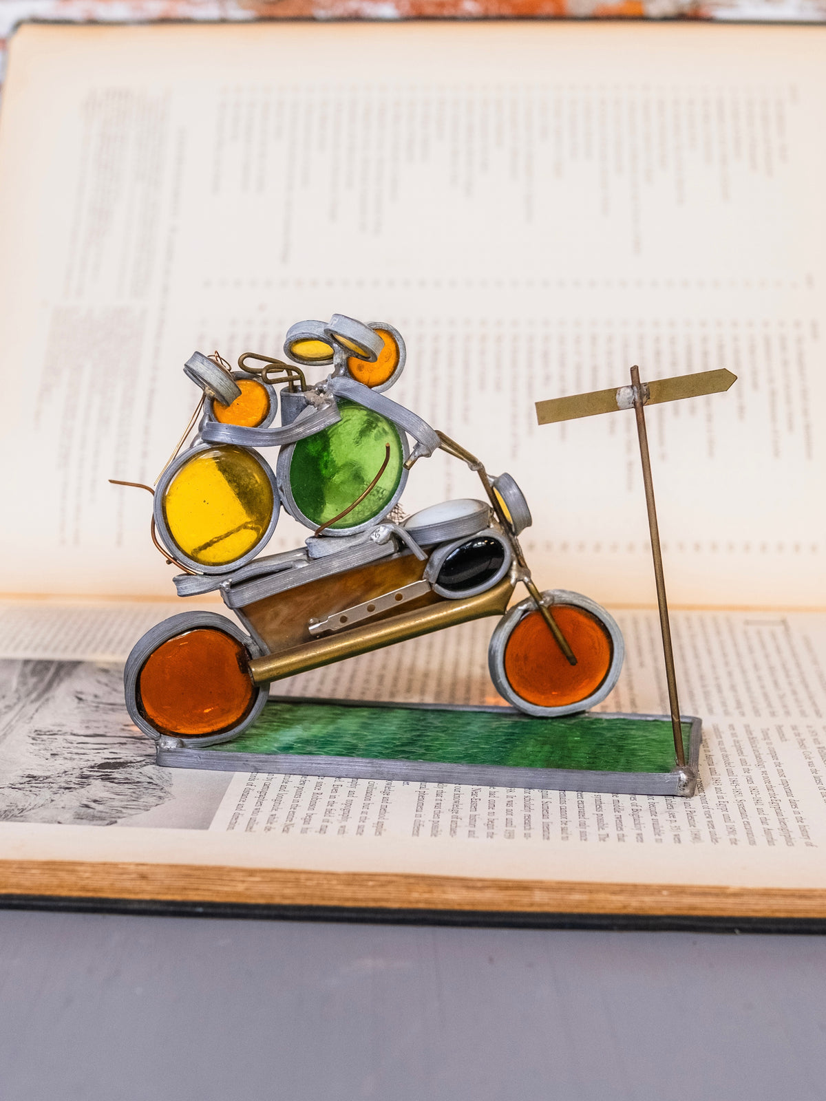 Vintage Stained Glass Columbus OH Motorcycle Art Sculpture