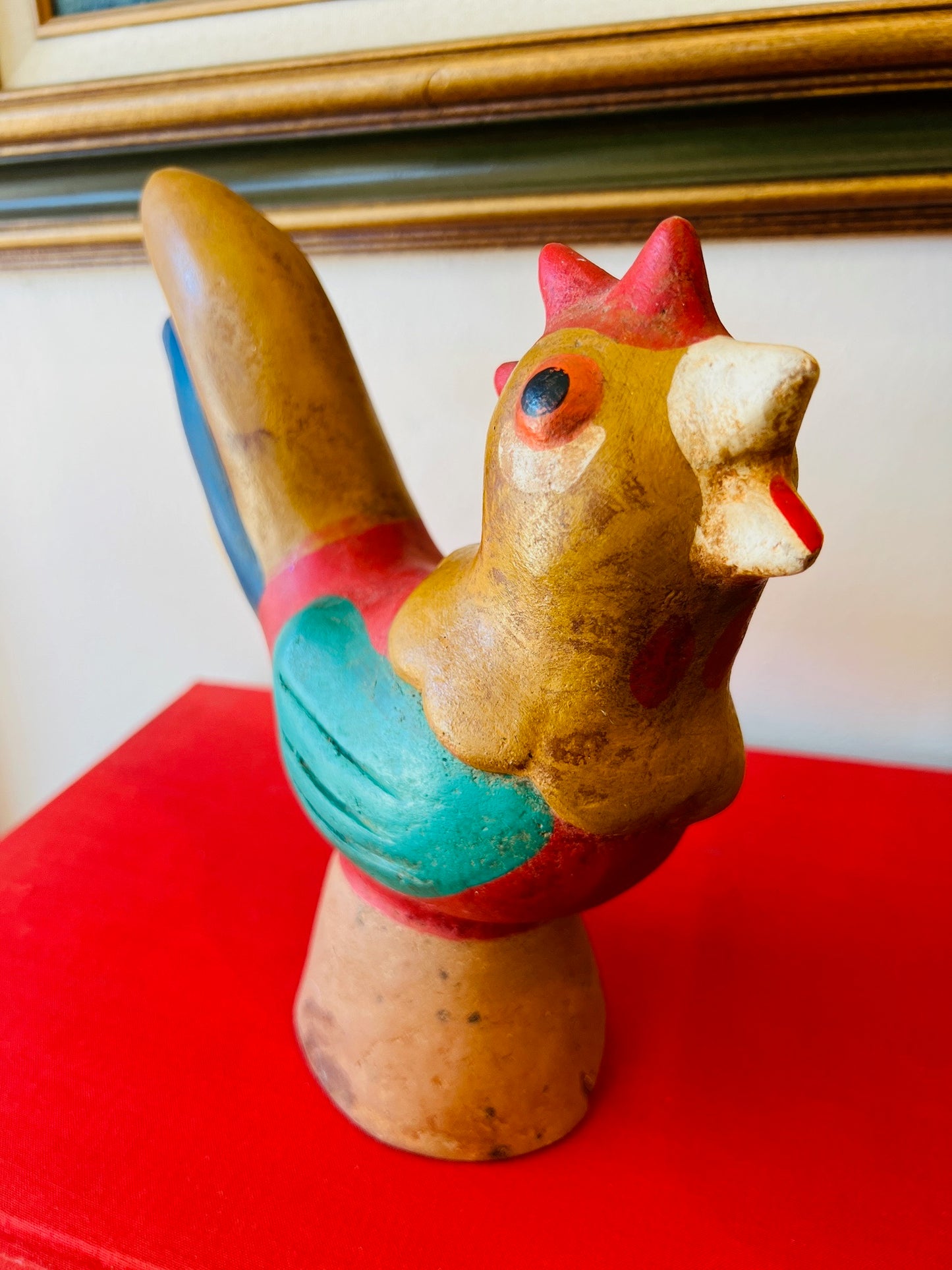 Vintage Folk Art Painted Terracotta Chicken Satue