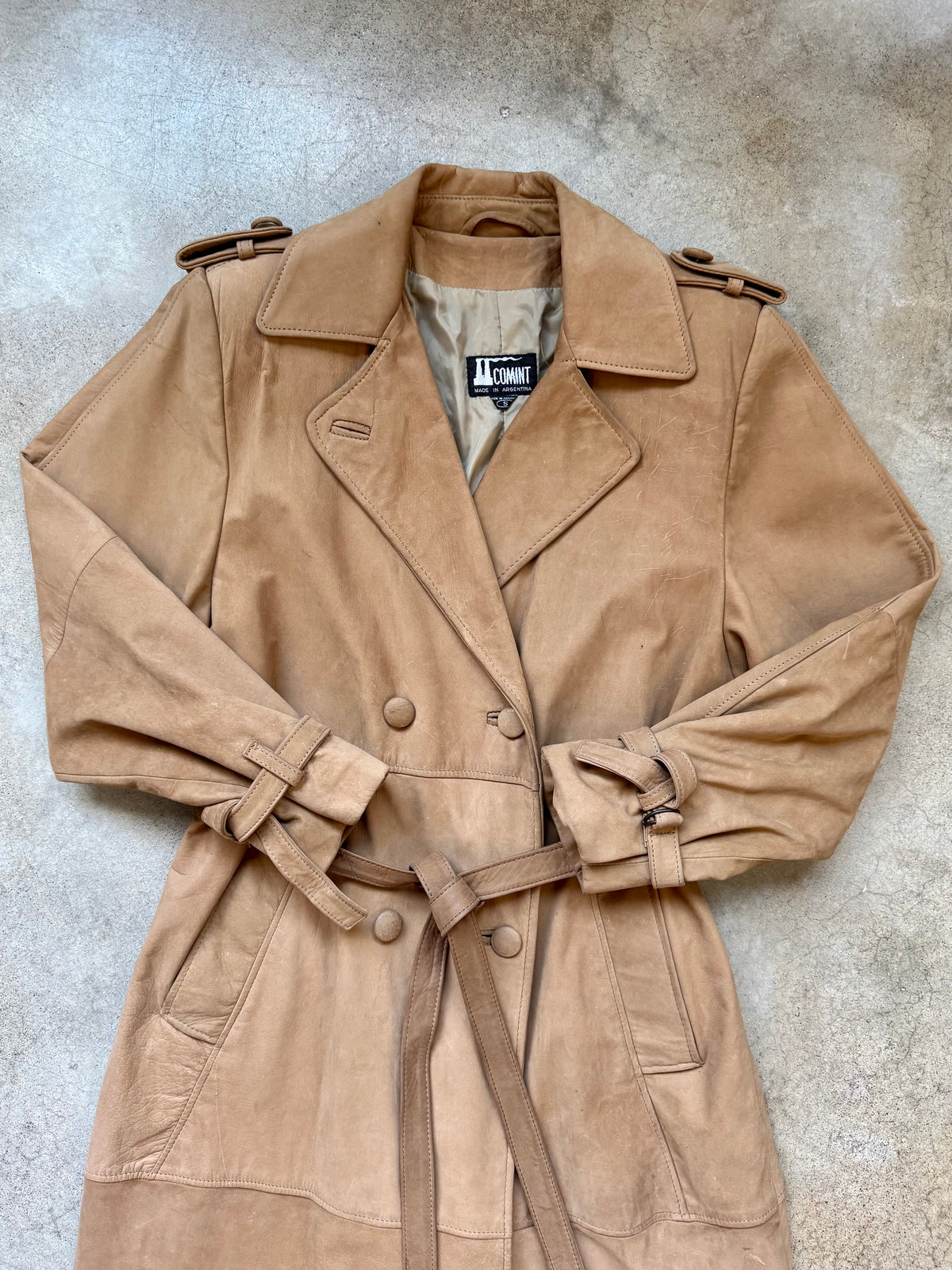 Vintage Comint Tan Suede Leather Belted Trench Coat | Small