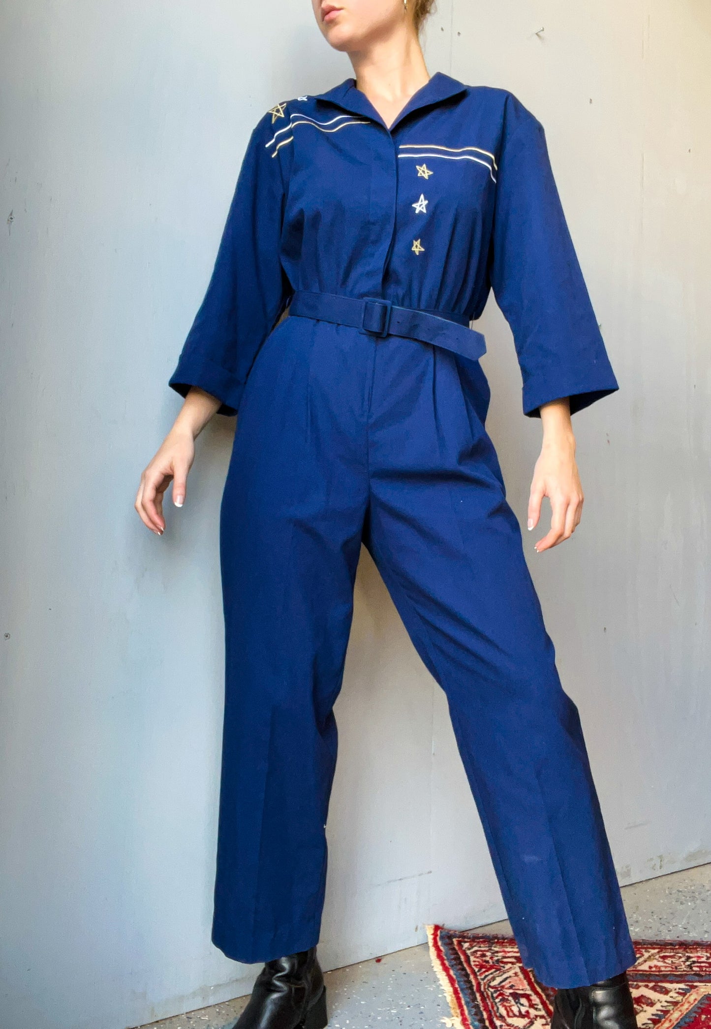 Vintage 1980’s Willi Of California Blue Starburst Belted Jumpsuit | S/M