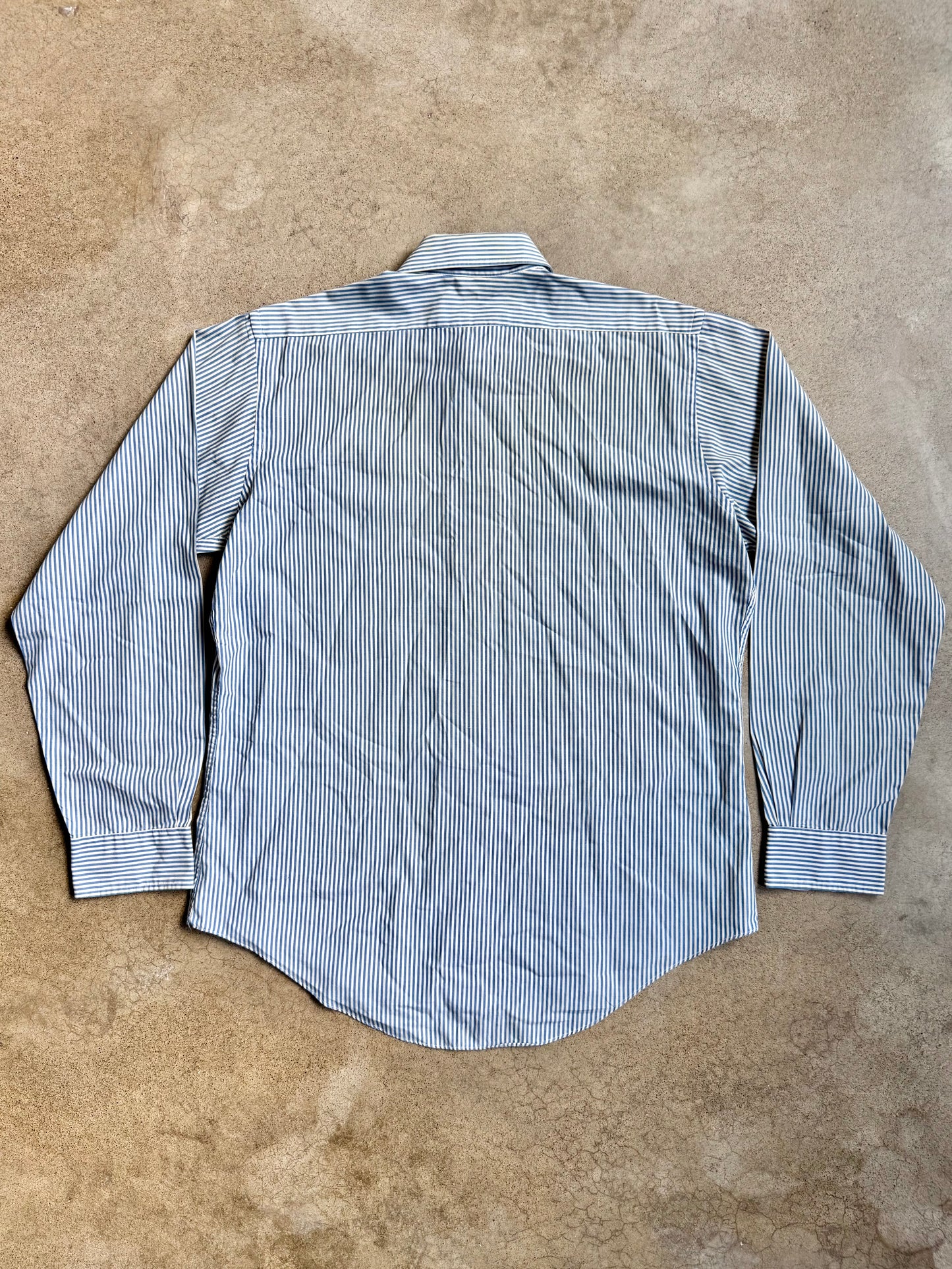 Vintage 1970s Blue & White Striped Dog Patch Button-Up Shirt | Large