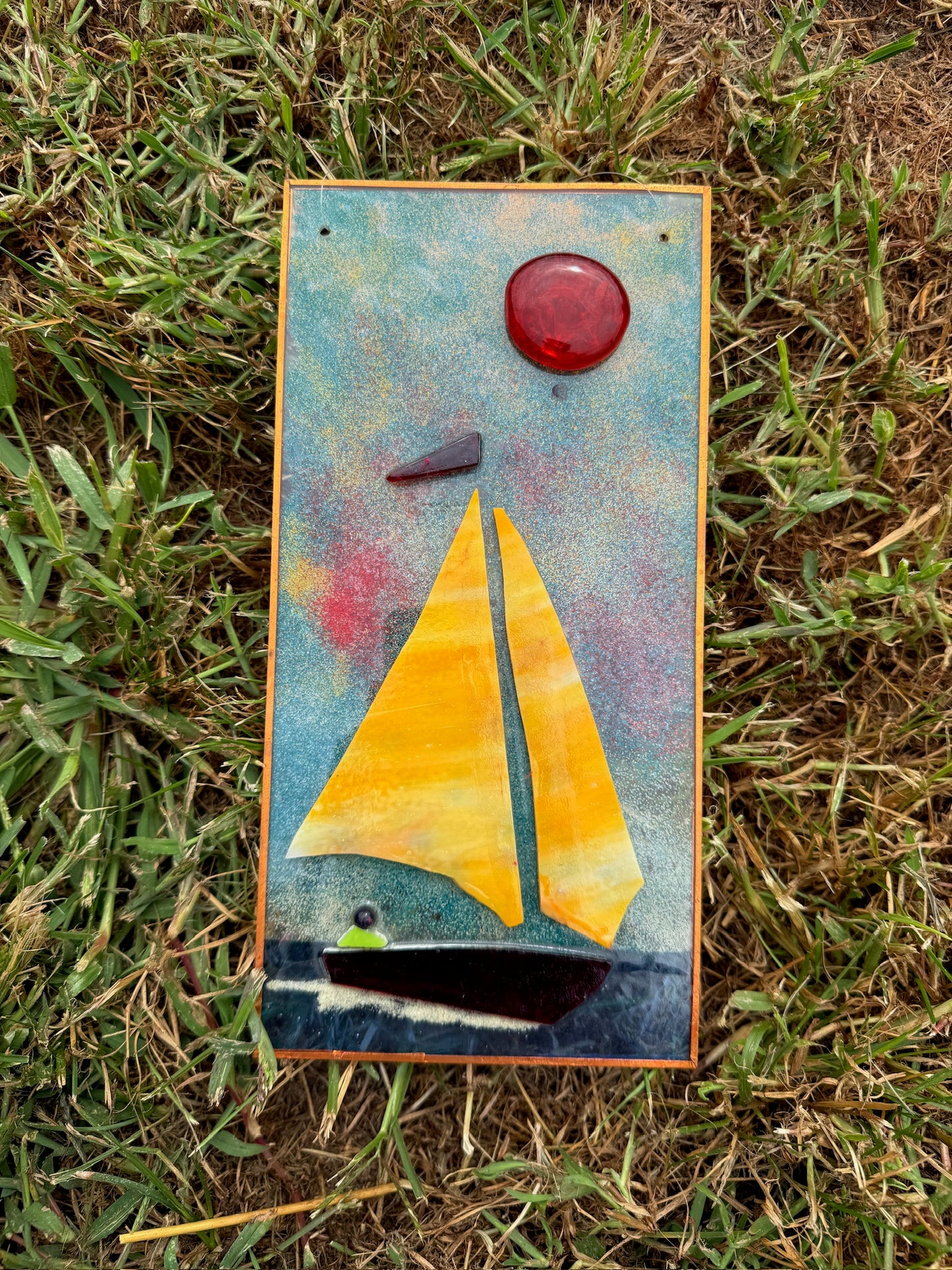 Vintage 1980s Handmade Stained Glass Sailboat Suncatcher