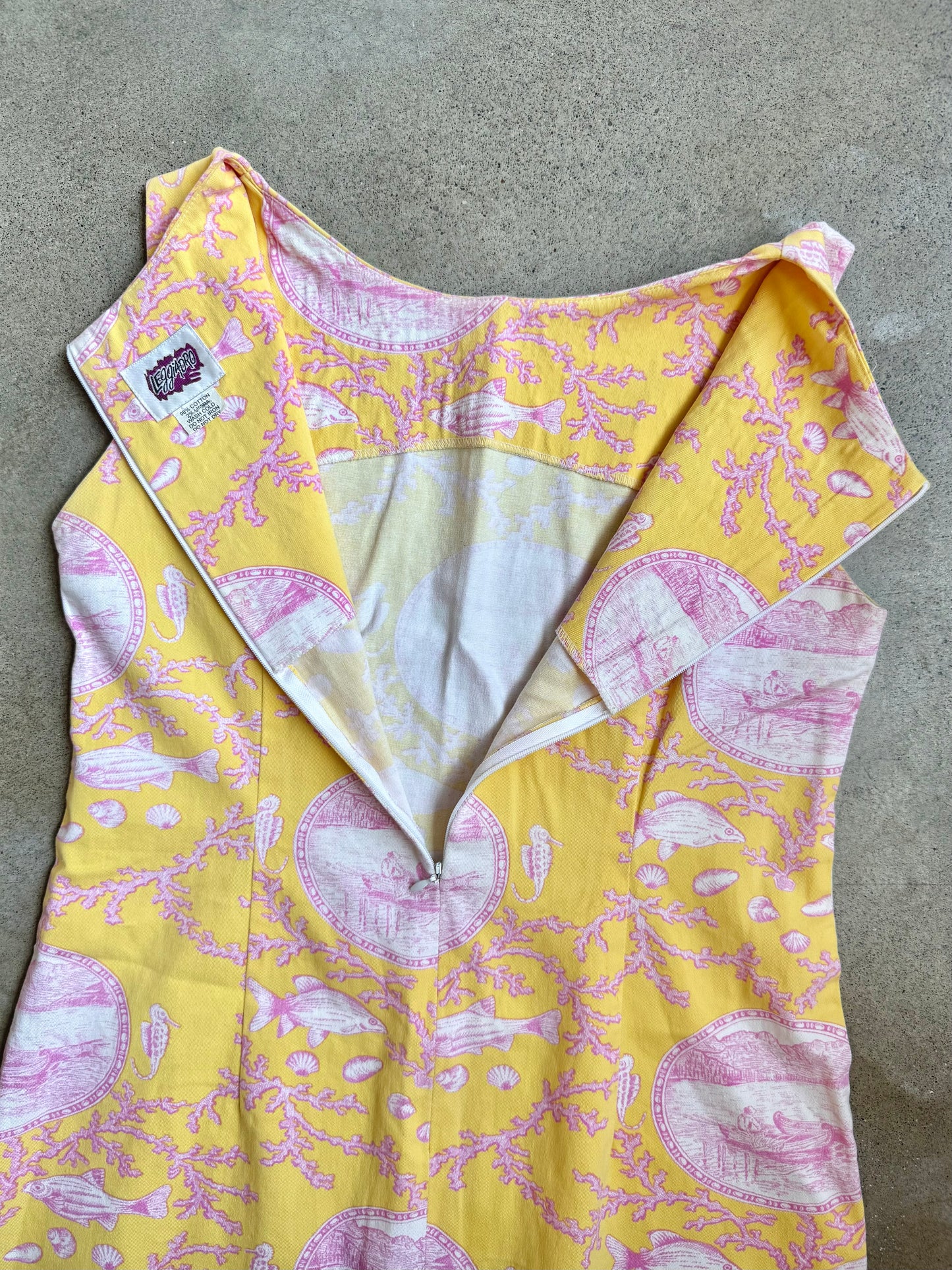 2000s Leggiadro Yellow & Pink Ocean Toile Print Shift Dress | Medium