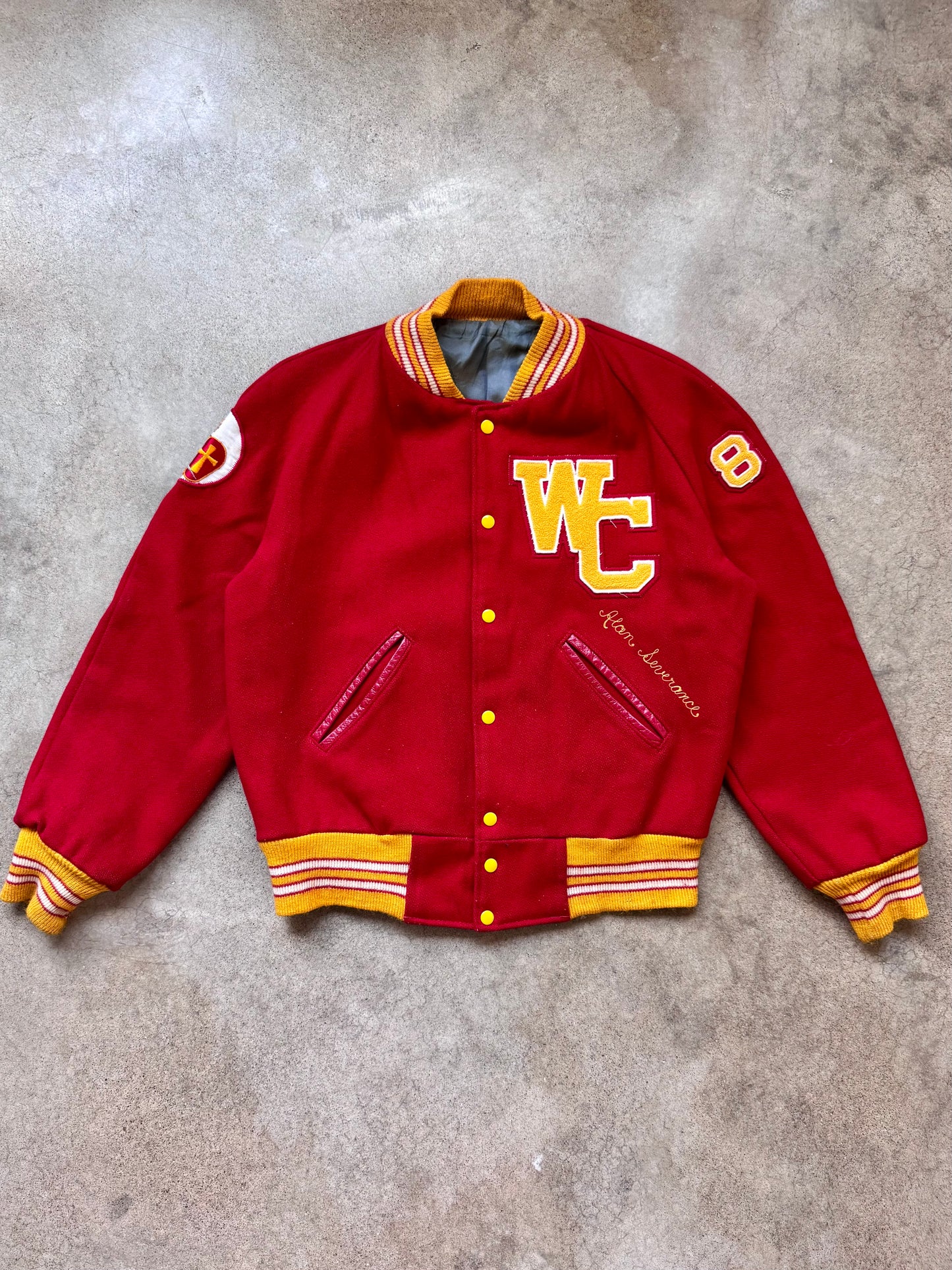 Vintage 1981 Worthington Christian Red & Gold Wool Letterman Varsity Jacket | Large