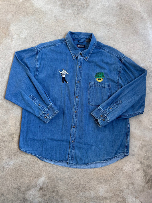 Vintage 1990s Elvis Presley "Treat Me Nice" Embroidered Denim Shirt | XXL