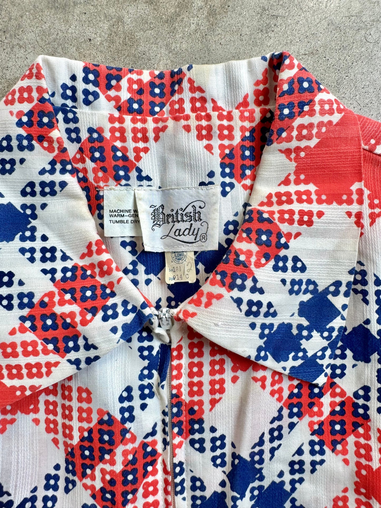 Vintage 1960s British Lady Red & Blue Floral Plaid Collared Dress | Large