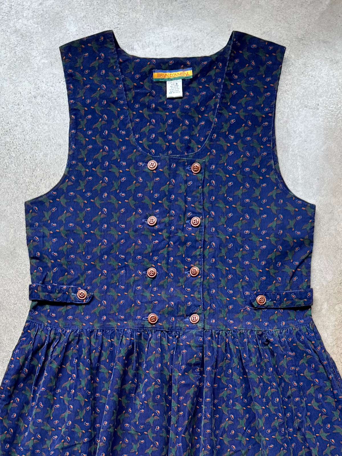 Vintage 1980s/90s Bryn Connelly Navy Duck Pattern Corduroy Pinafore Dress | Medium