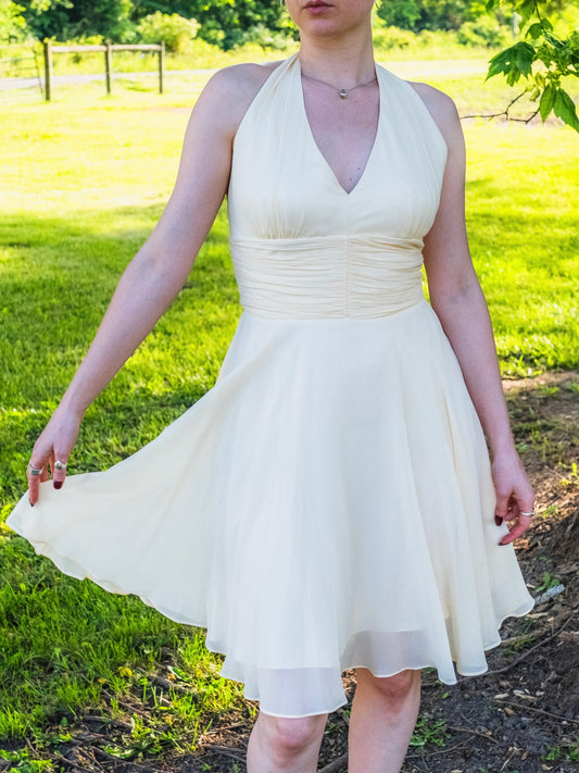 Vintage 2000s Issue Cream Silk Chiffon Halter Dress | Small
