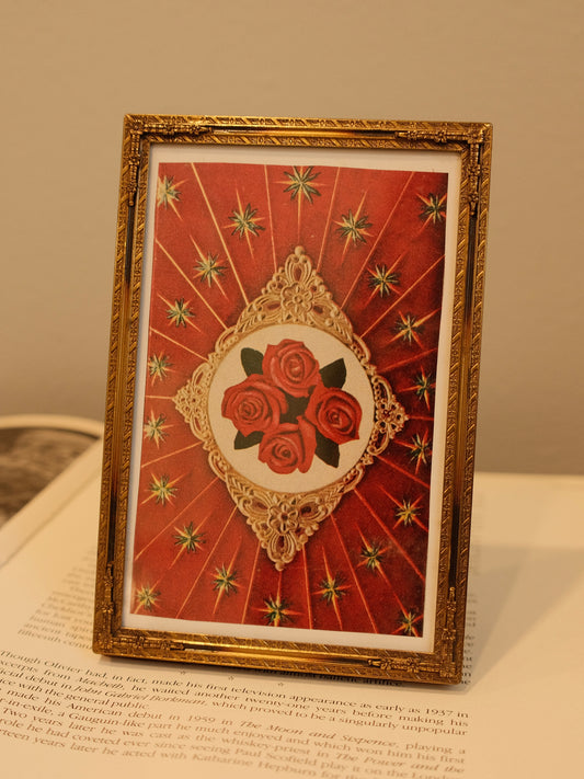 Vintage 1930s Brass Floral Frame with Floral Art