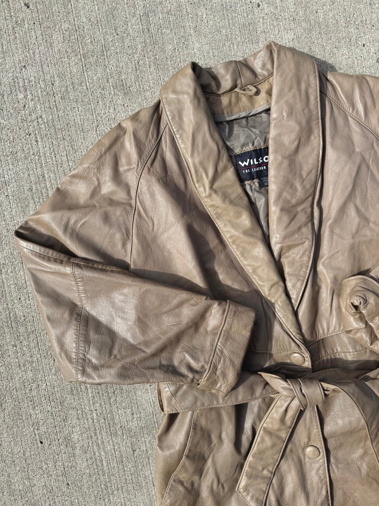 Vintage 1980s Wilsons Taupe Belted Leather Jacket | XS