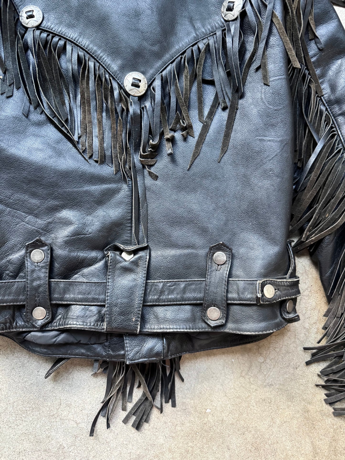 Vintage 1980s Open Road Black Leather Western Fringe Biker Jacket | 40