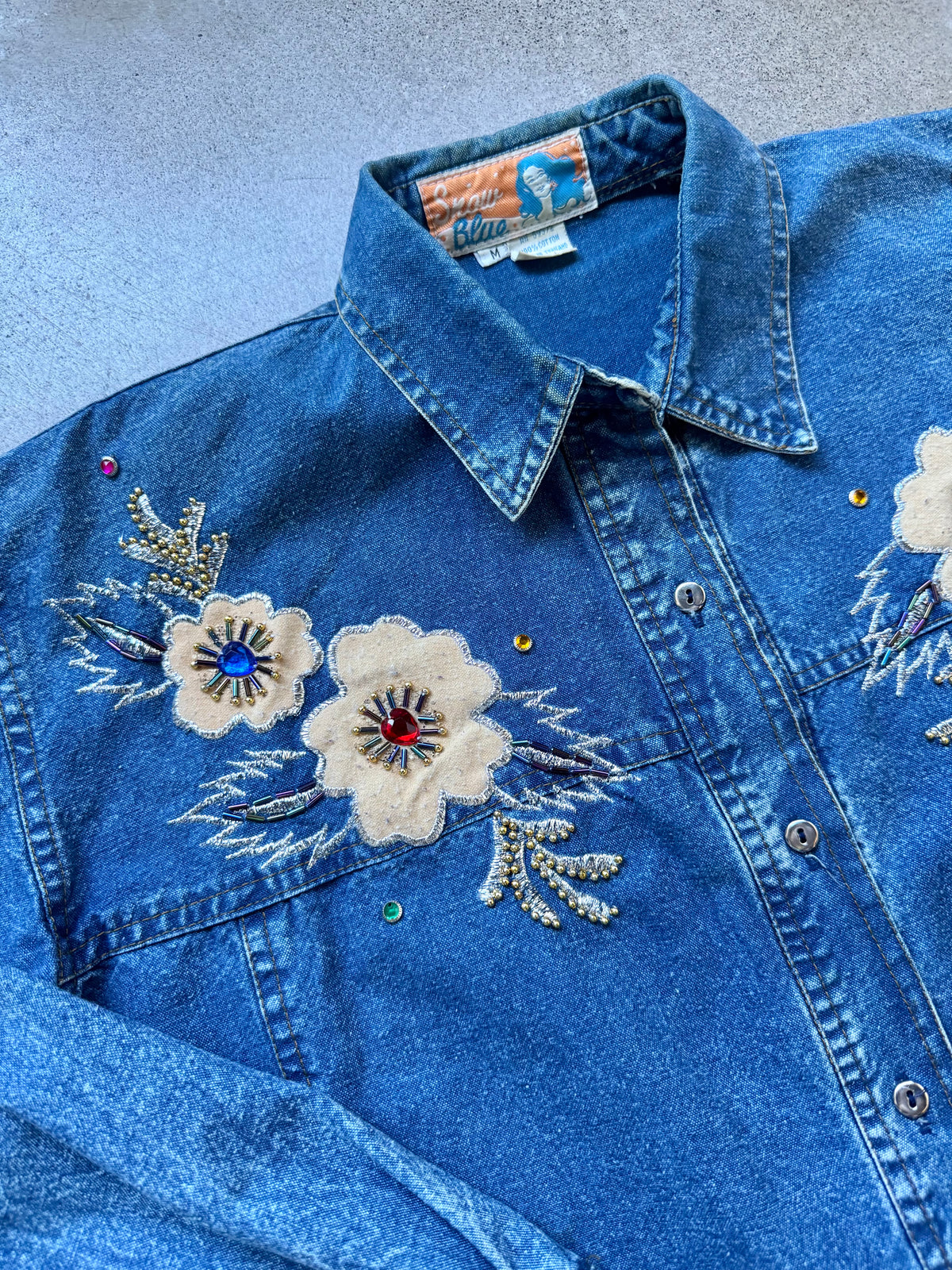 Vintage 1980s Snow Blue Floral Beaded Appliqué Denim Two-Piece Skirt Set | Medium