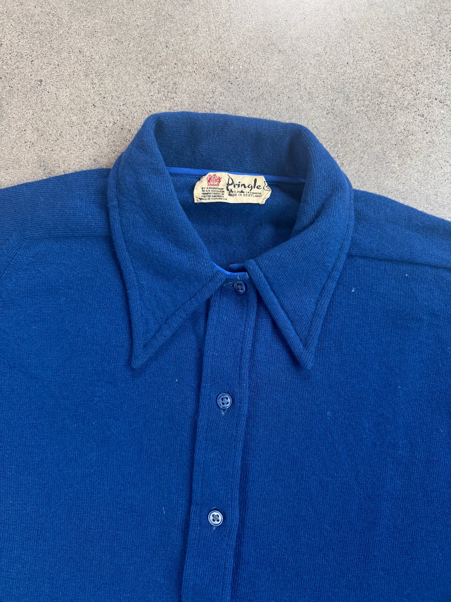 Vintage 1950s Pringle 100% Scottish Cashmere Blue Knit Button-Up Shirt | 36