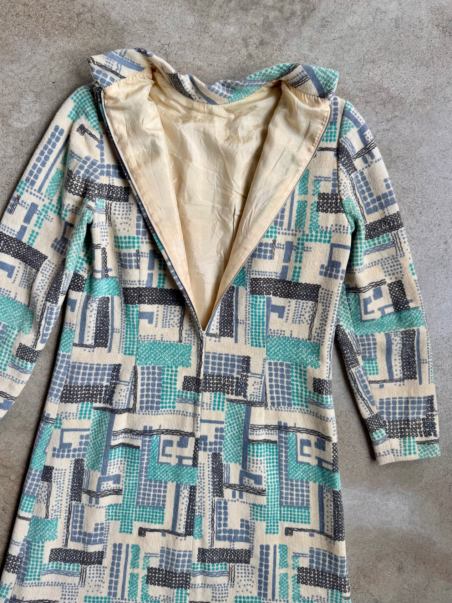 Vintage 1960s Mod Geometric Pattern High-Neck Long Sleeve Wool Dress | Medium