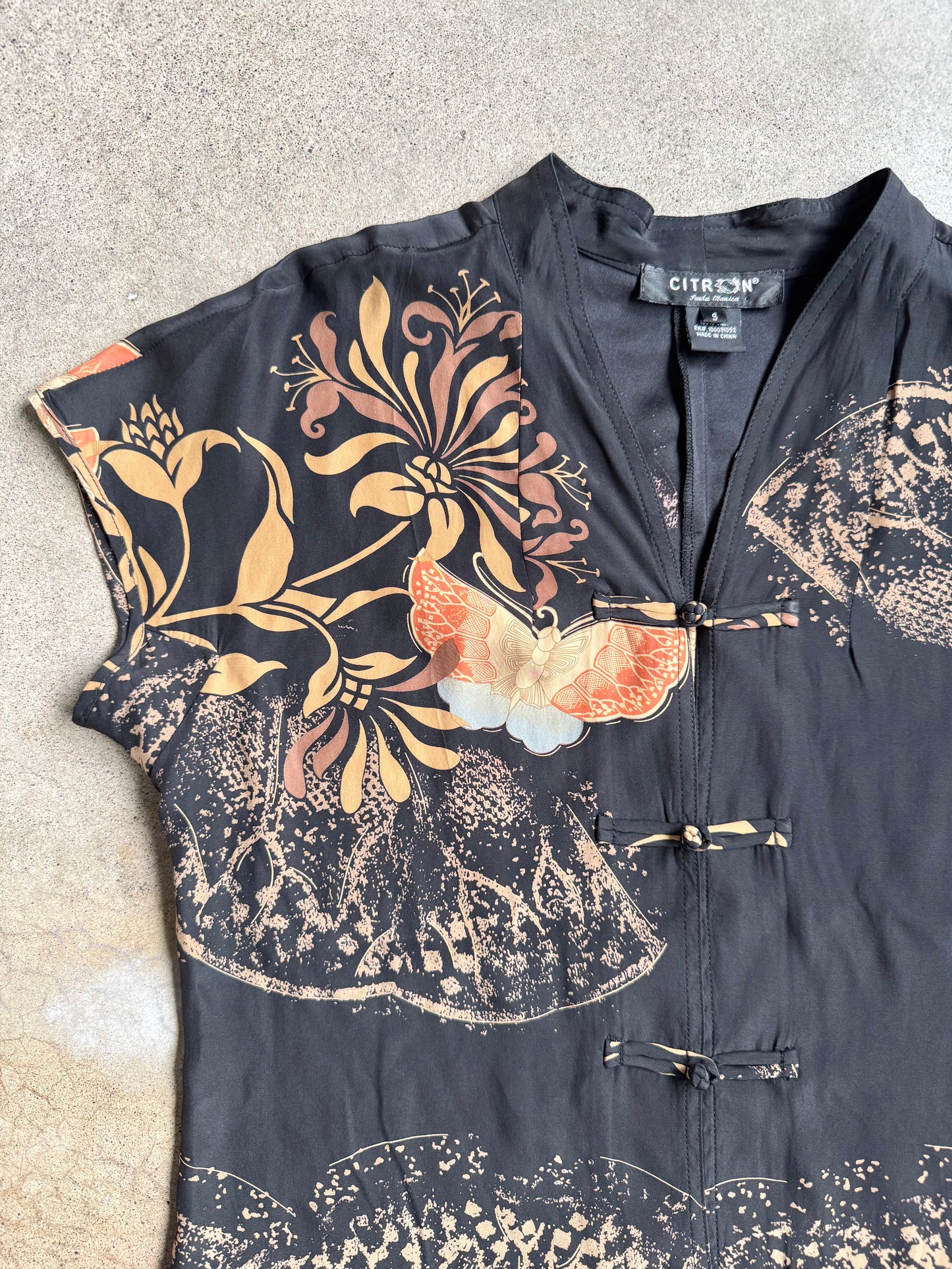 Vintage 1990s Citron Santa Monica Asian-Style Printed 100% Silk Blouse | Small