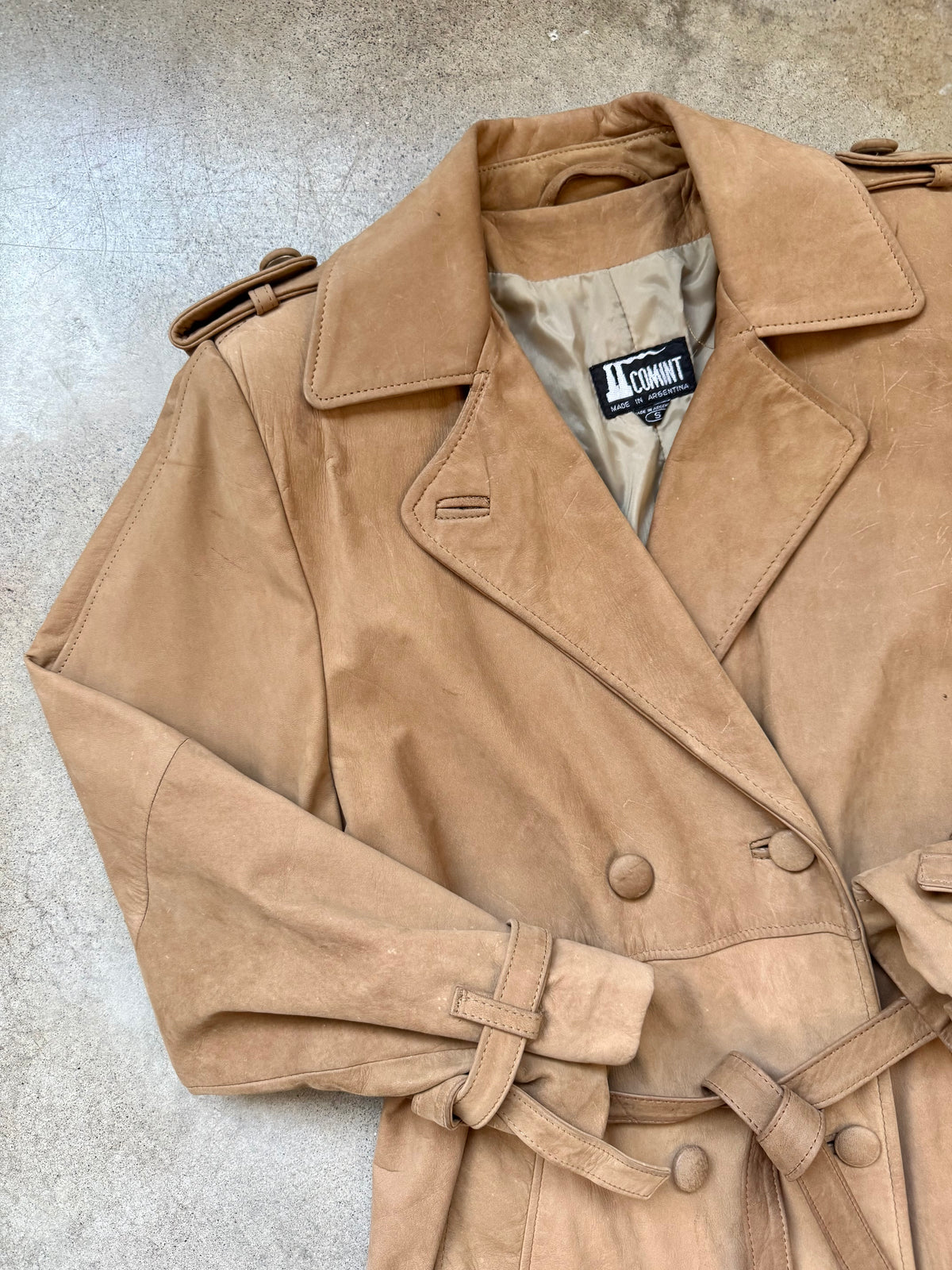Vintage Comint Tan Suede Leather Belted Trench Coat | Small