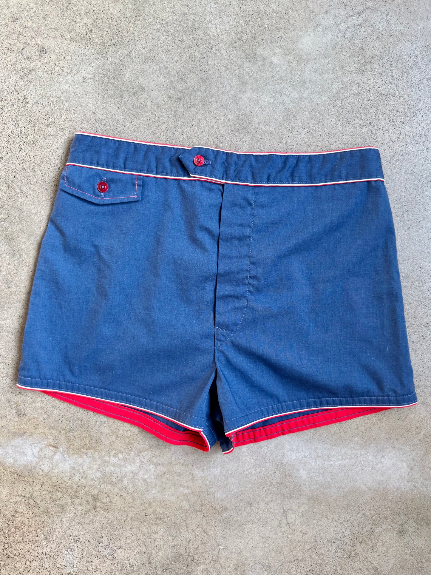 Vintage 1960s Navy Blue & Red Swim Shorts | Large