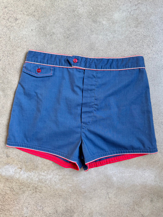 Vintage 1960s Navy Blue & Red Swim Shorts | Large