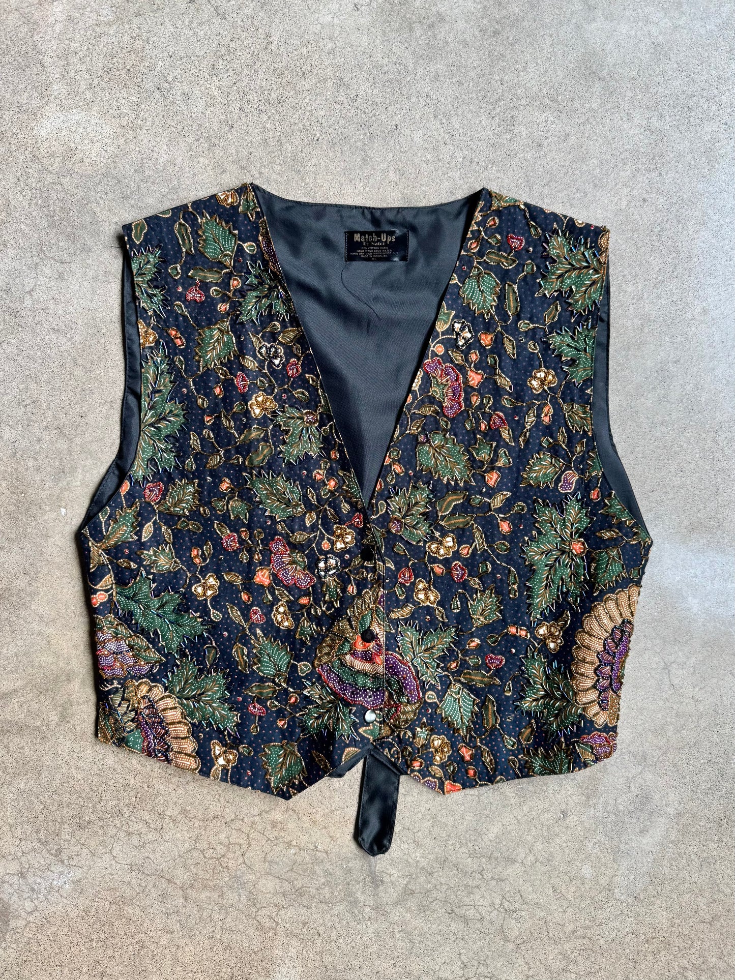 Vintage 1980s Match-Up's Floral Beaded Cotton Batik Vest | M/L