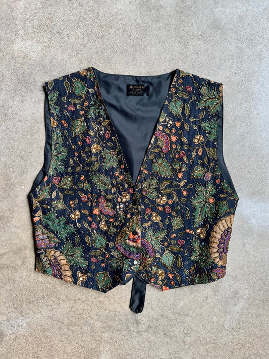 Vintage 1980s Match-Up's Floral Beaded Cotton Batik Vest | M/L