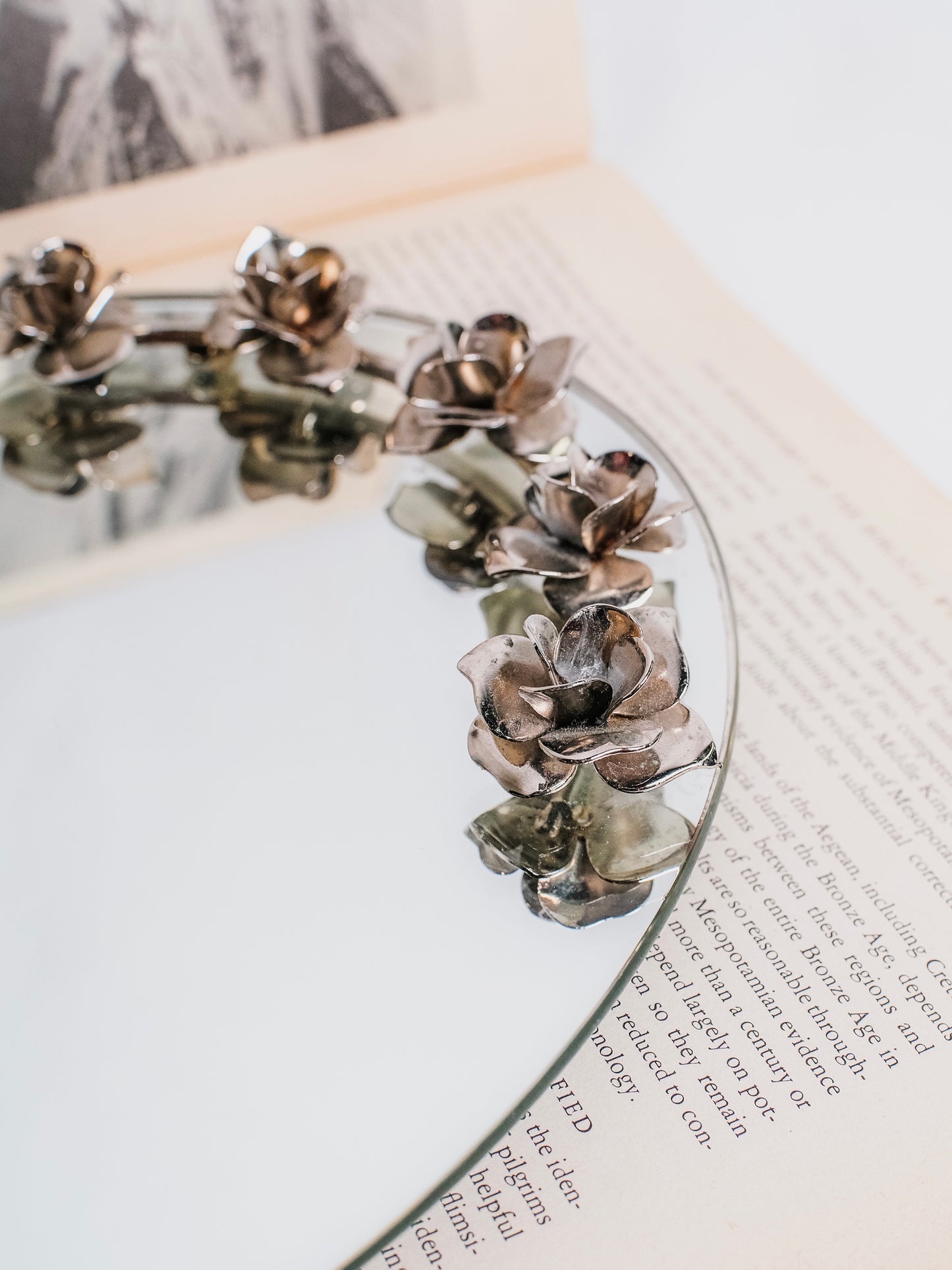 Vintage 1970s Oval Metal Rose Mirrored Vanity Tray