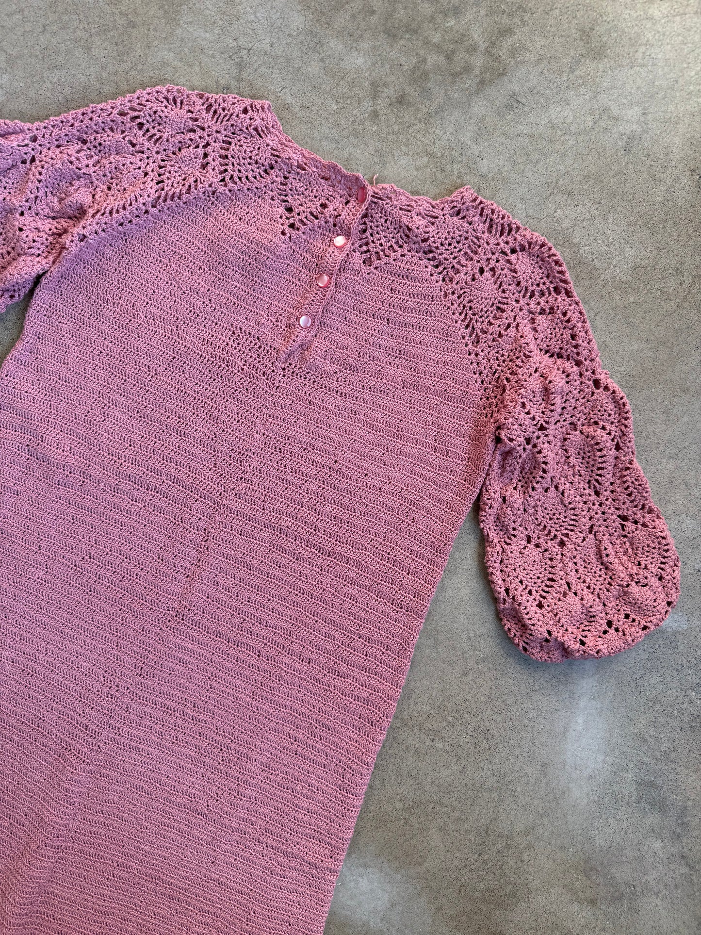 Vintage 1930s Handmade Pink Crochet A-Line Sweater Dress | S/M