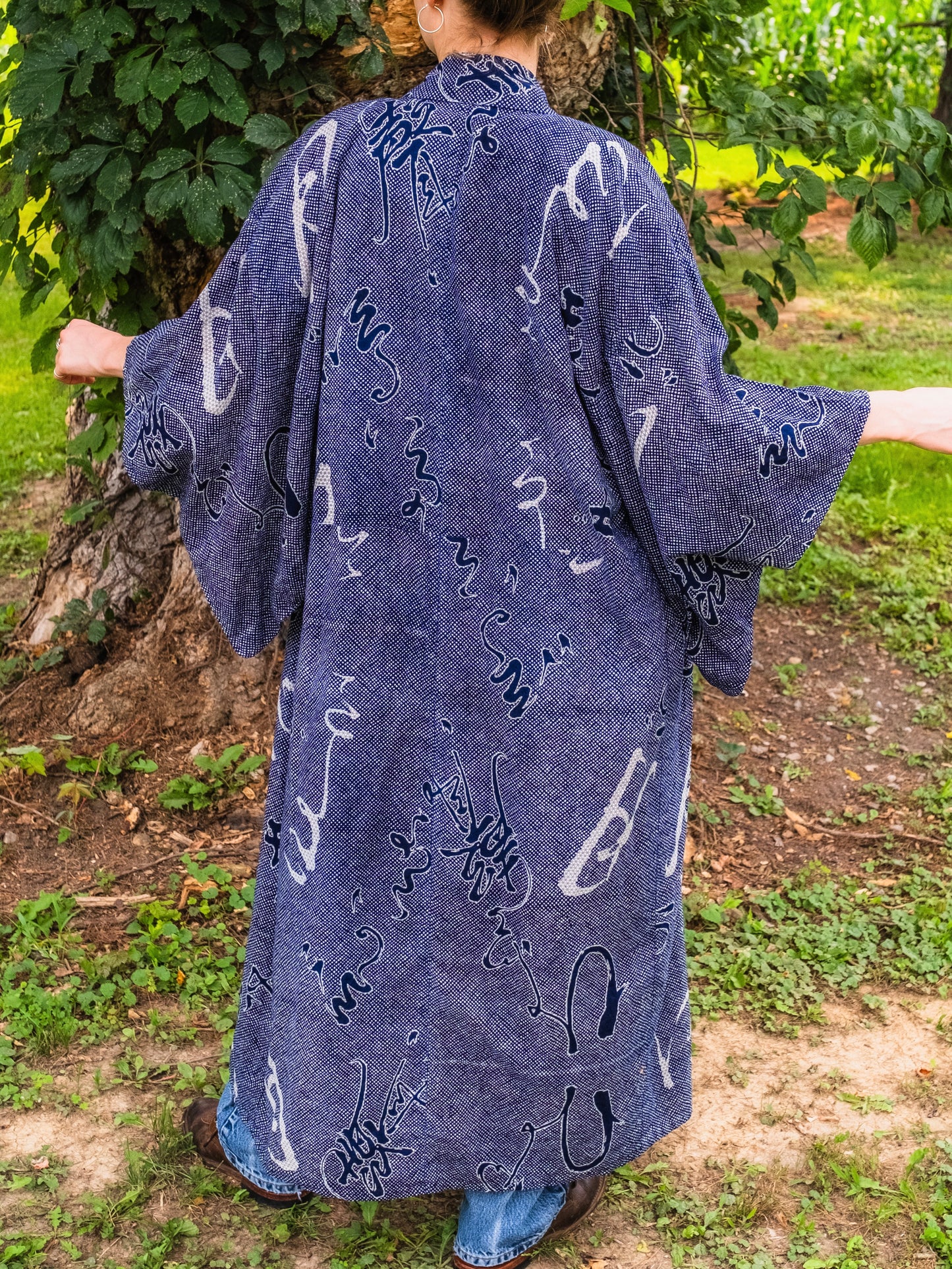 Vintage Japanese Calligraphy Pattern Cotton Yukata Kimono | Large