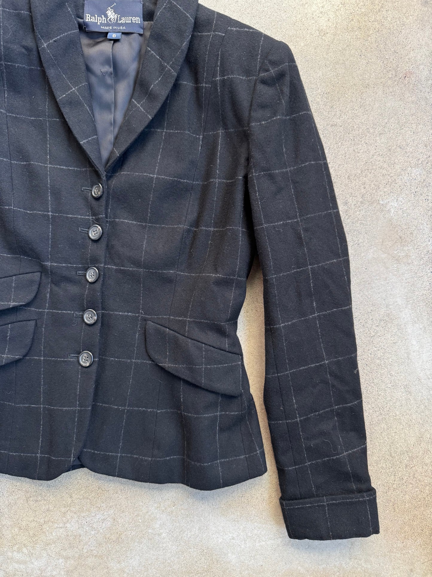 Vintage 1990s Ralph Lauren Black Check Pattern Wool & Cashmere Two-Piece Suit | Women’s 6